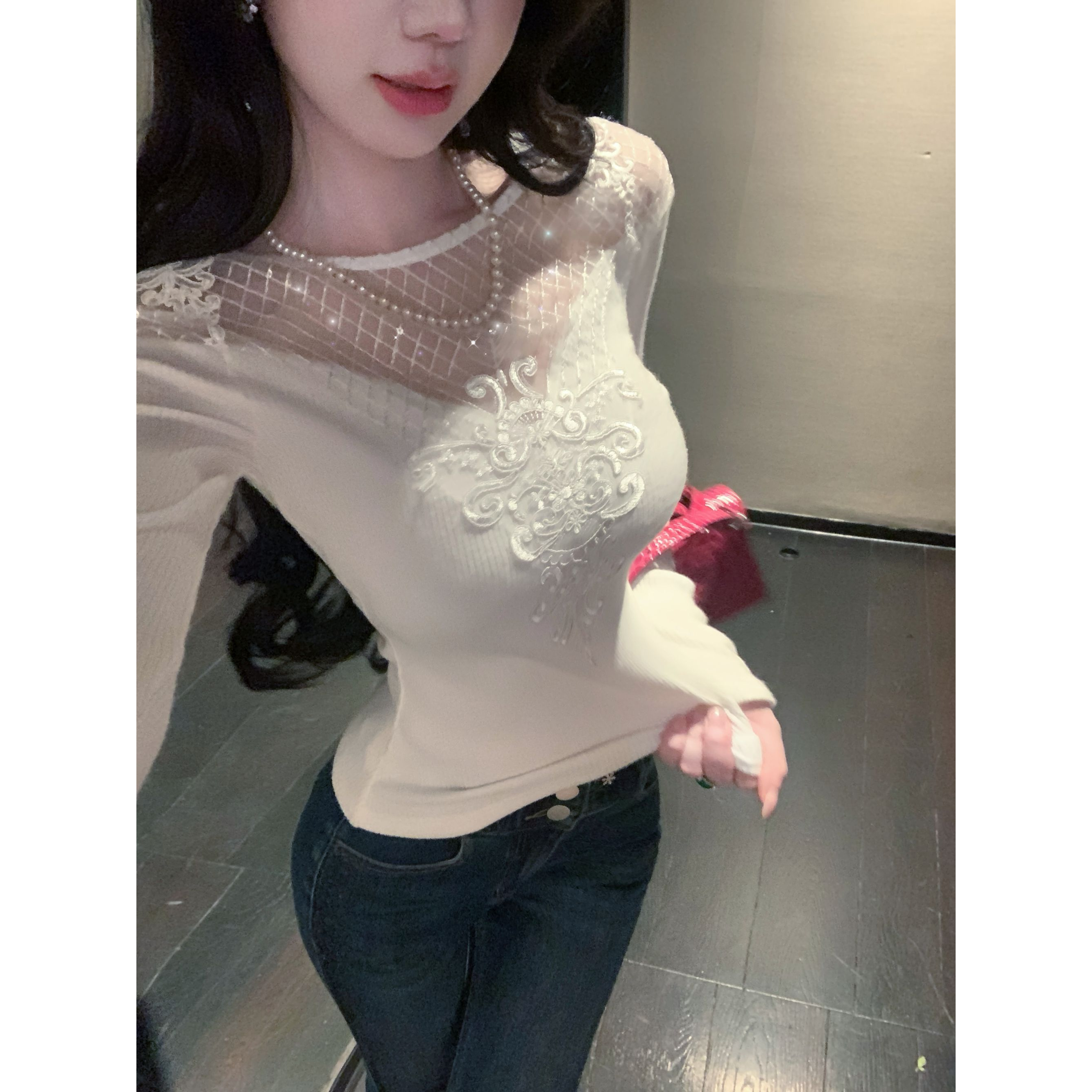 【雅乔定制】气质欧尼 网纱蕾丝拼接针织打底上衣女DYYK-25082648