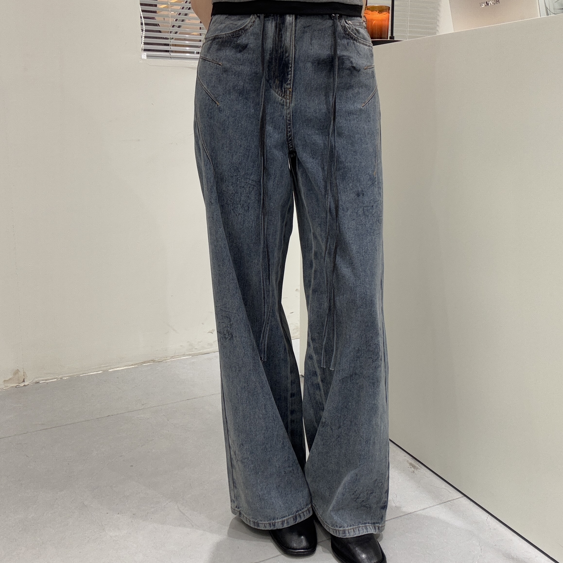 uhot｜诱货蓝色刷色轻废土风阔腿直筒牛仔长裤百搭时尚女款