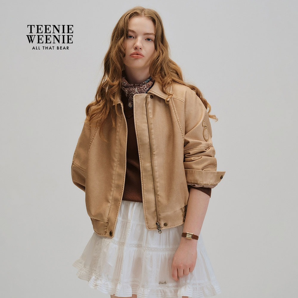 TeenieWeenie小熊女皮衣26春新宽松复古感水洗皮夹克TTJL2651CAB