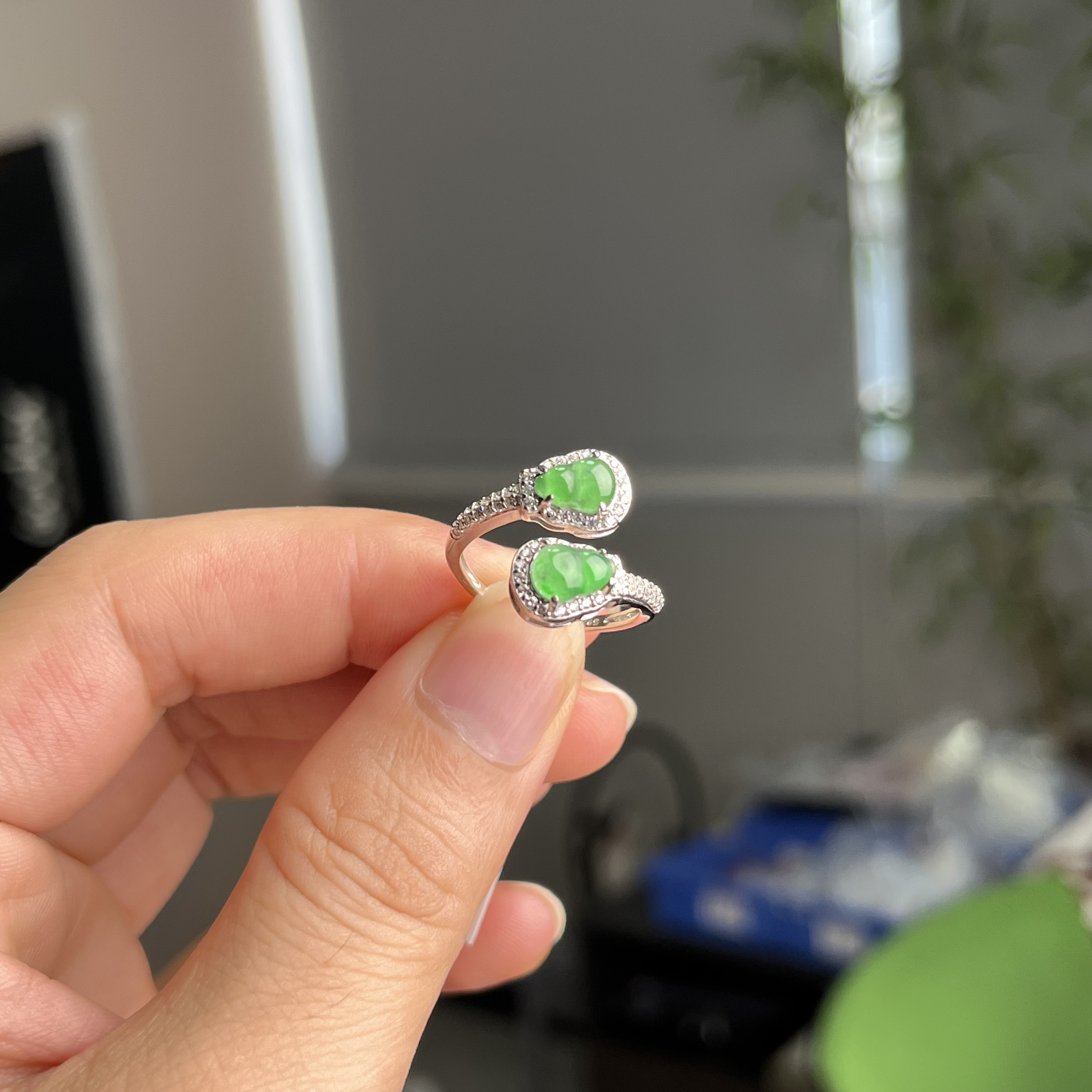 翡翠双葫芦活扣戒指S925