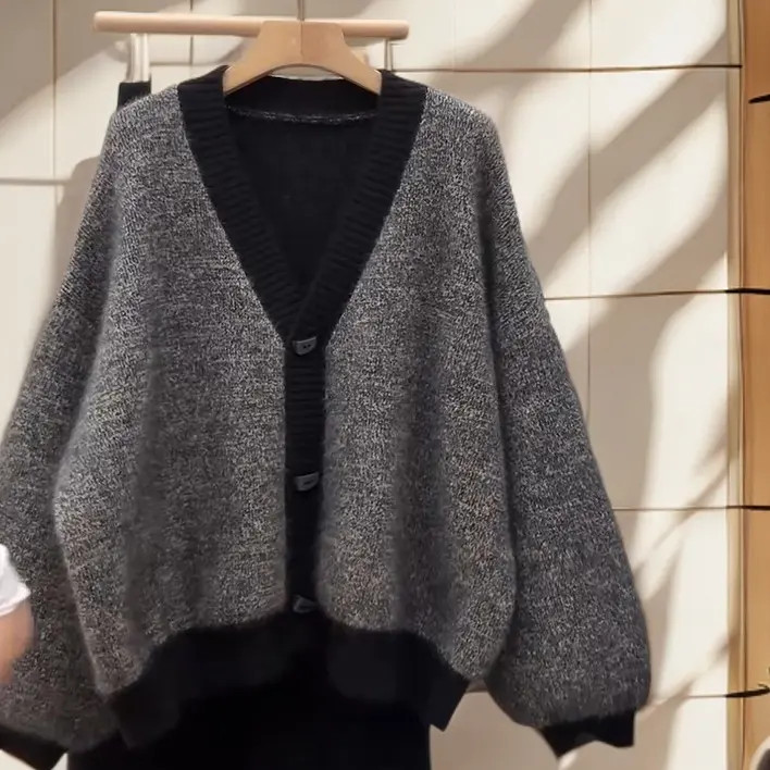 正品撤柜羊毛衫拼色针织开衫外套秋冬新款加厚宽松百搭上衣