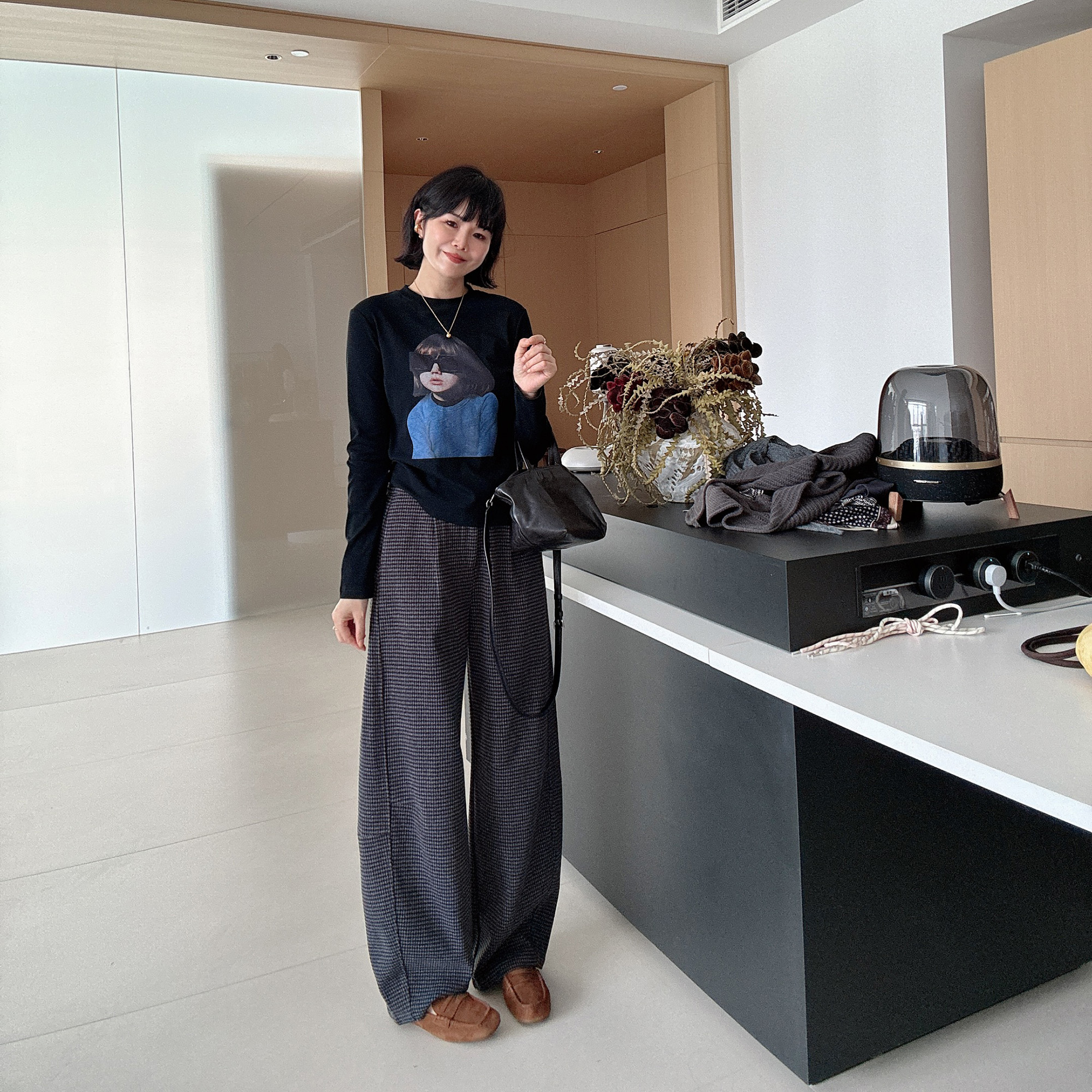 秋冬韩系小格子宽松显瘦高腰直筒阔腿裤长裤