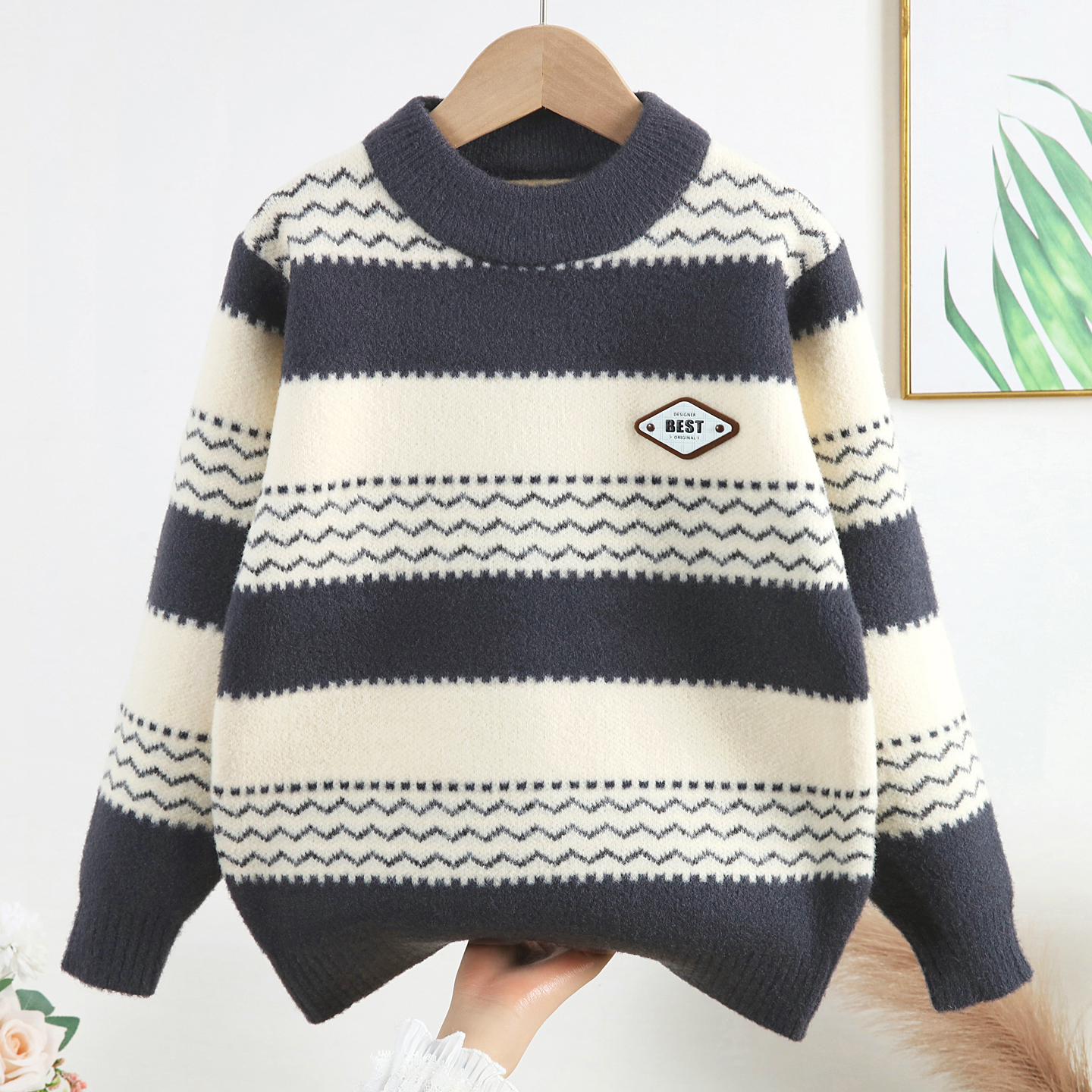 儿童毛衣韩国绒加厚男童打底衫秋冬款男孩加厚条纹内搭字母韩国绒