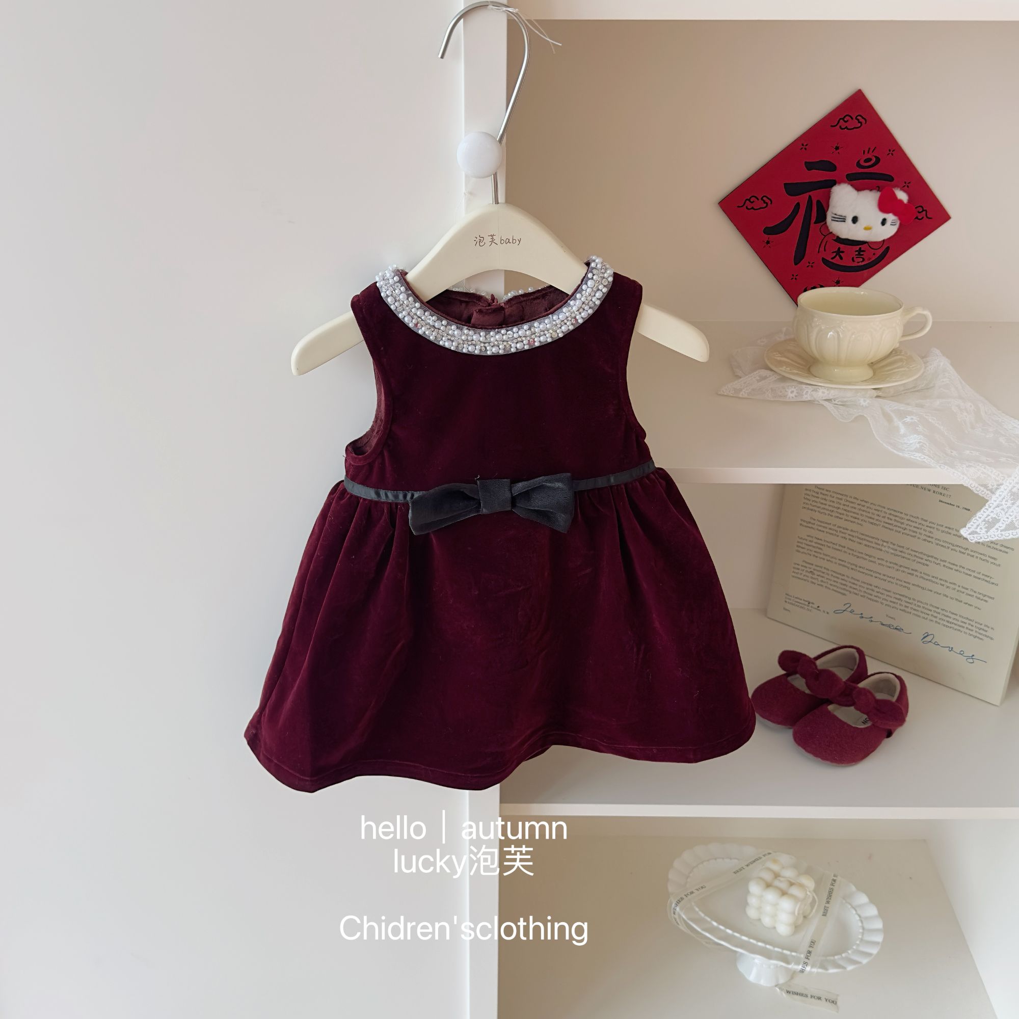 【lucky泡芙】原创！女童丝绒蝴蝶结加绒背心裙韩版富家千金风连衣裙