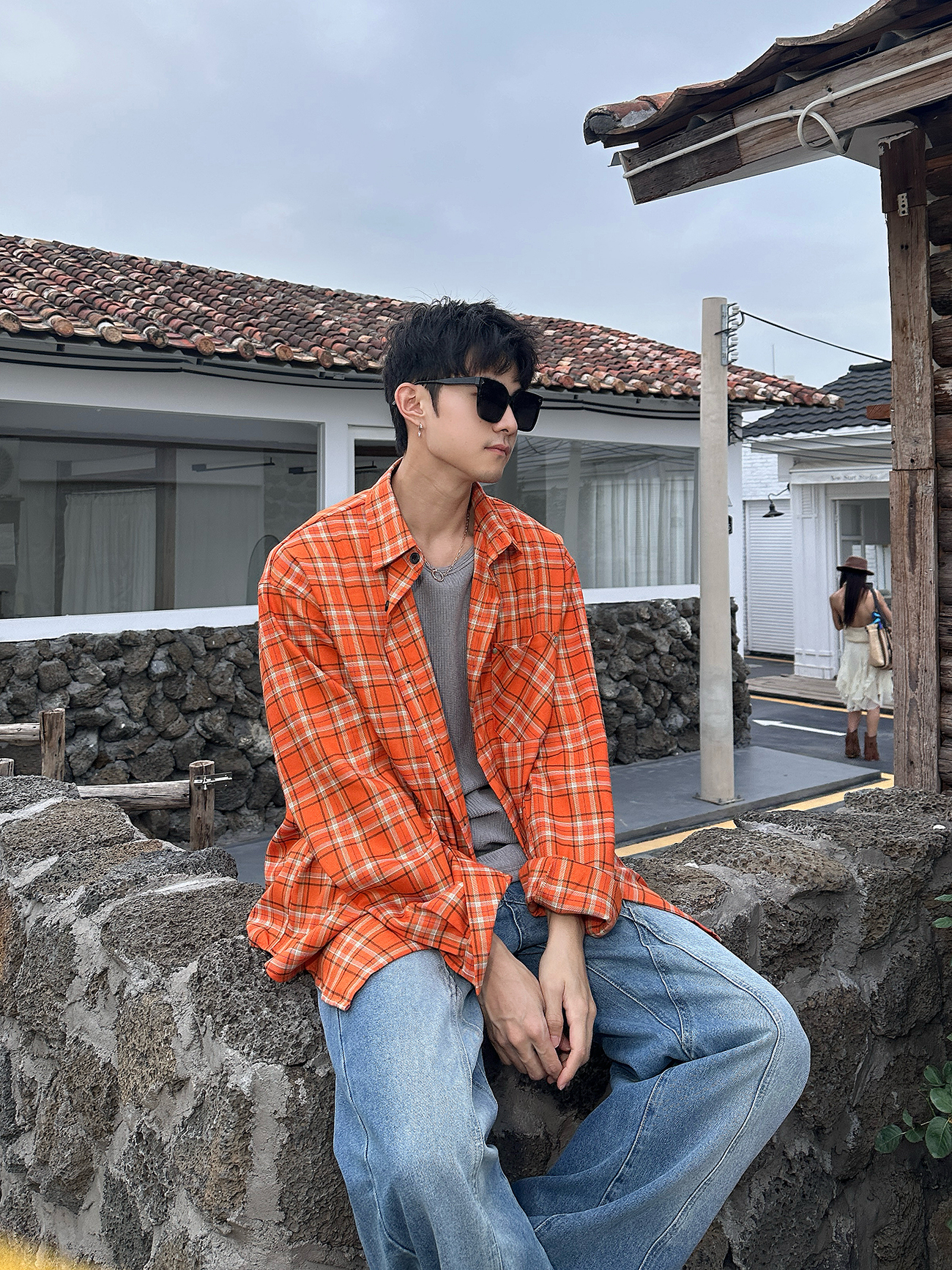 【活力橙】Bloom Studio格纹夏季新款格子长袖衬衫男宽松休闲上衣