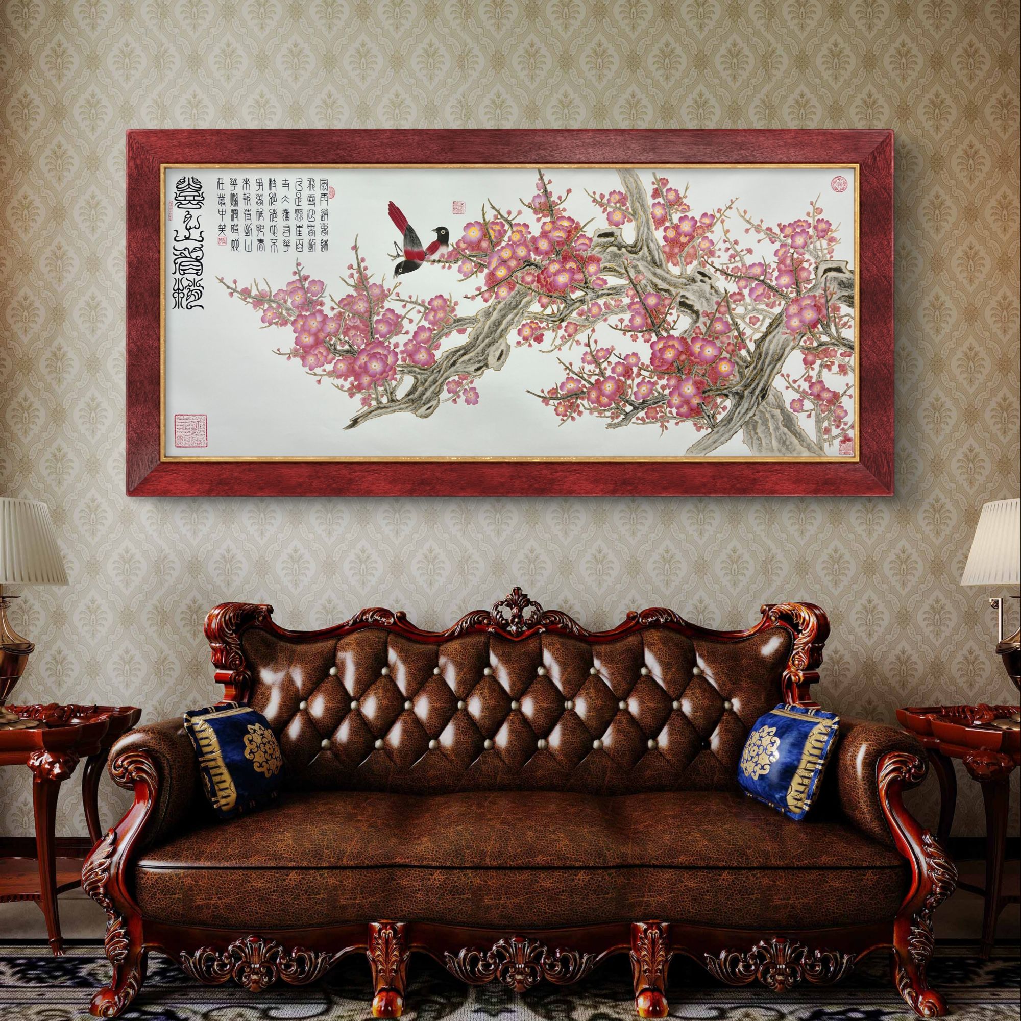 《喜上眉梢》杭州锦丝绫布软装裱