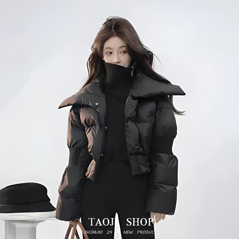 欧货高级感大翻领黑色短款收腰棉服2025冬季超好看面包服外套女