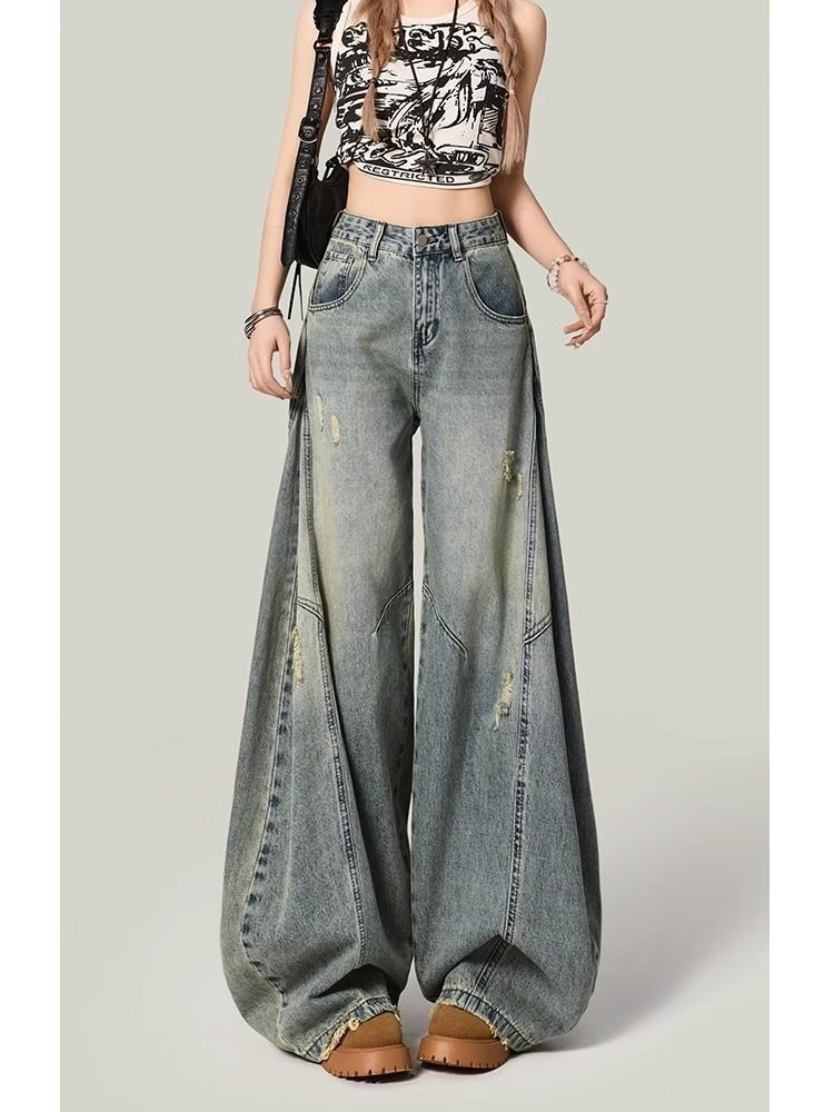 梨型身材复古弯刀设计阔腿水洗直筒高街秋季破洞显瘦高腰牛仔裤子
