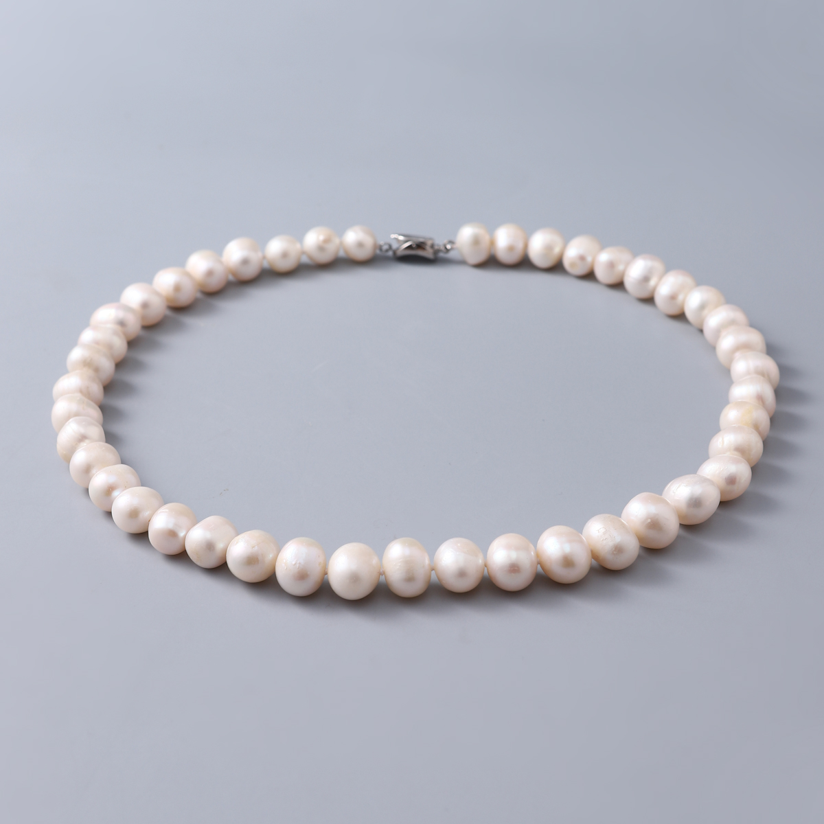 淡水珍珠9-12mm白珠项链 椭圆S925银元宝扣  Z898