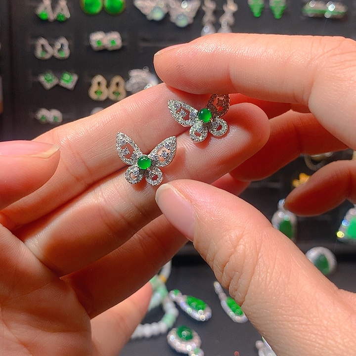 翡翠戒指银S925镶嵌耳钉