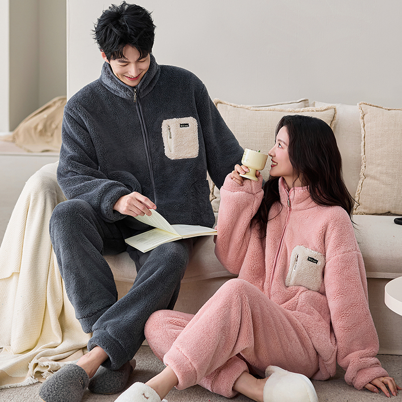 情侣睡衣女秋冬季双层复合加绒加厚珊瑚绒男法兰绒可外穿家居服