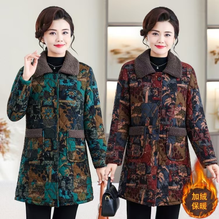 冬季加绒加棉素雅高级几何图妈妈装显瘦保暖棉衣棉服