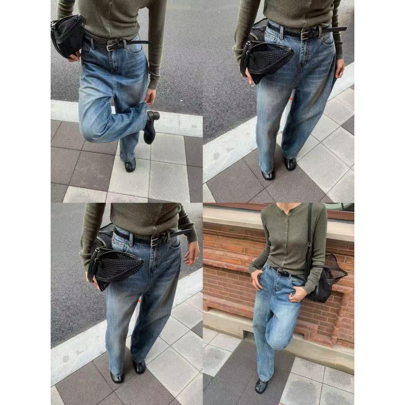 复古水洗做旧简约休闲直筒气质牛仔裤子女W8003（福利款）