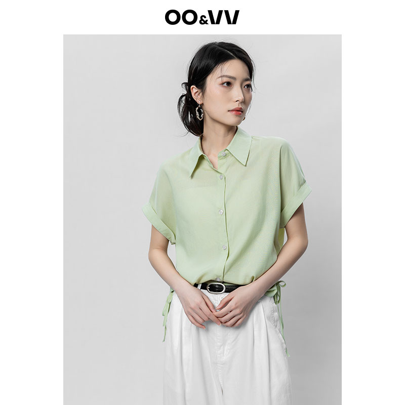 OO&VV天丝衬衫女2025夏季薄款绑带设计感休闲别致修身开衫上衣