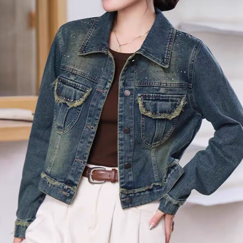 8735蓝色春季新款设计感水洗重工流苏烫钻牛仔外套百搭上衣显瘦