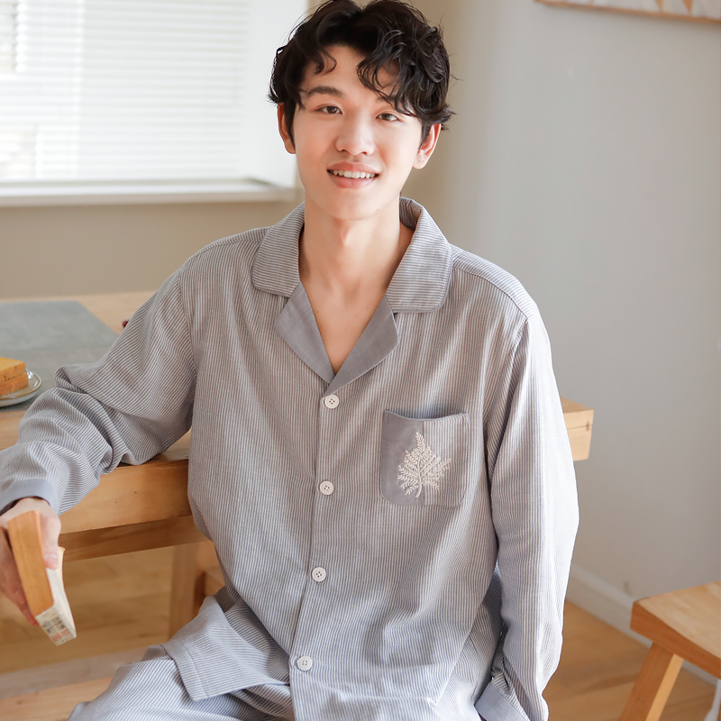 【树叶】春夏纯棉男士睡衣简约条纹宽松舒适透气长袖长裤家居服套装