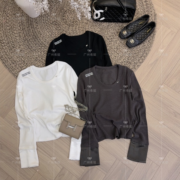 【静奢时光】新款时尚流光风简约小U领百搭休闲长袖打底T恤