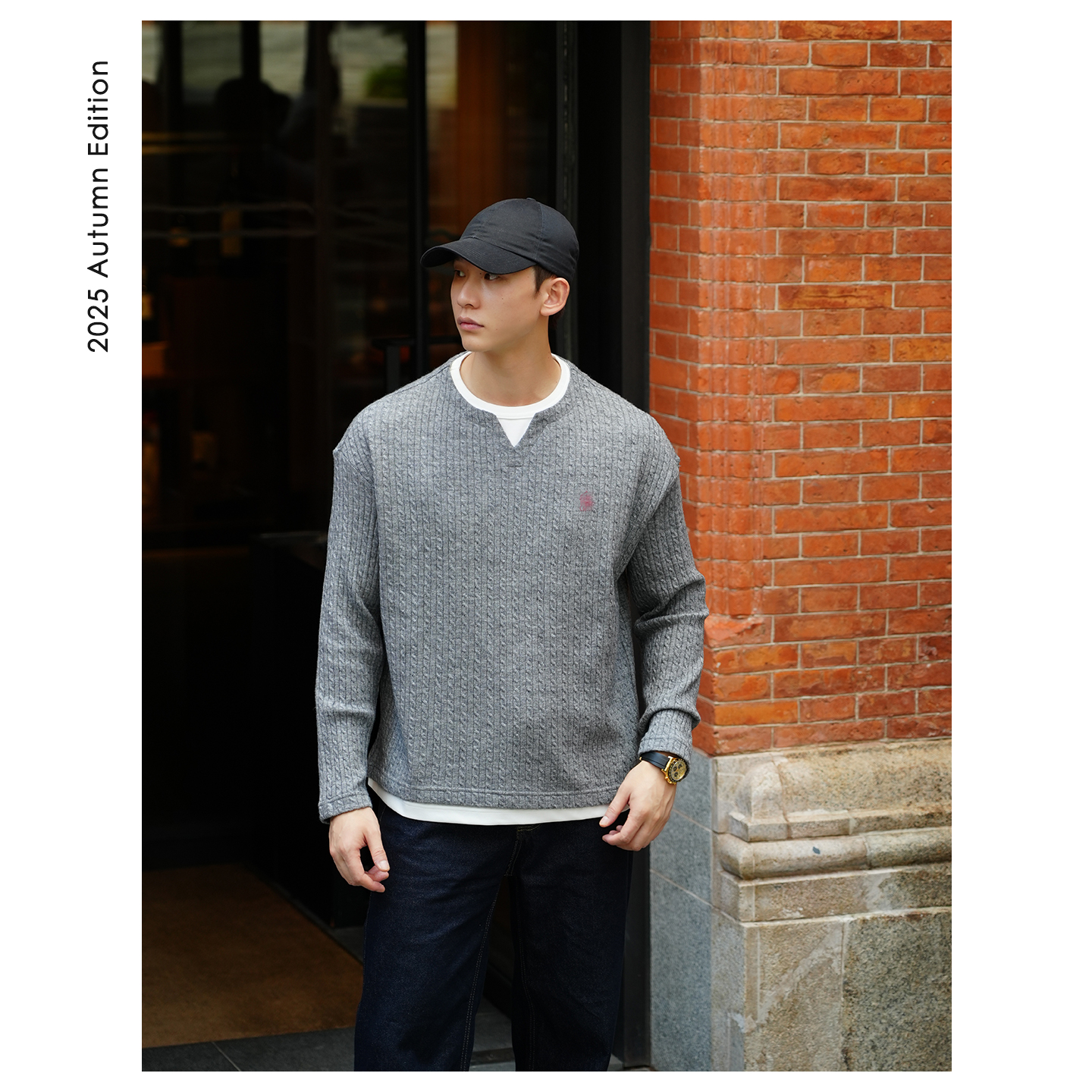 G3-Elegant秋季复古假两件设计羊毛天丝宽松休闲麻花针织毛衣老钱