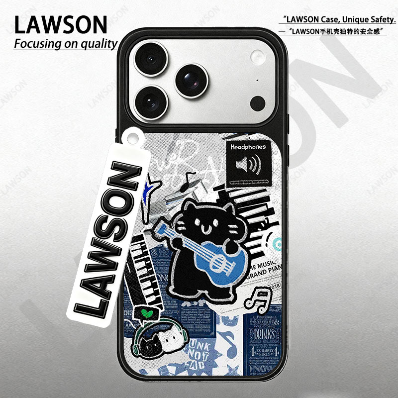 吉他小猫磨砂磁吸黑边苹果17promax/16/15华为小米防摔防汗手机壳