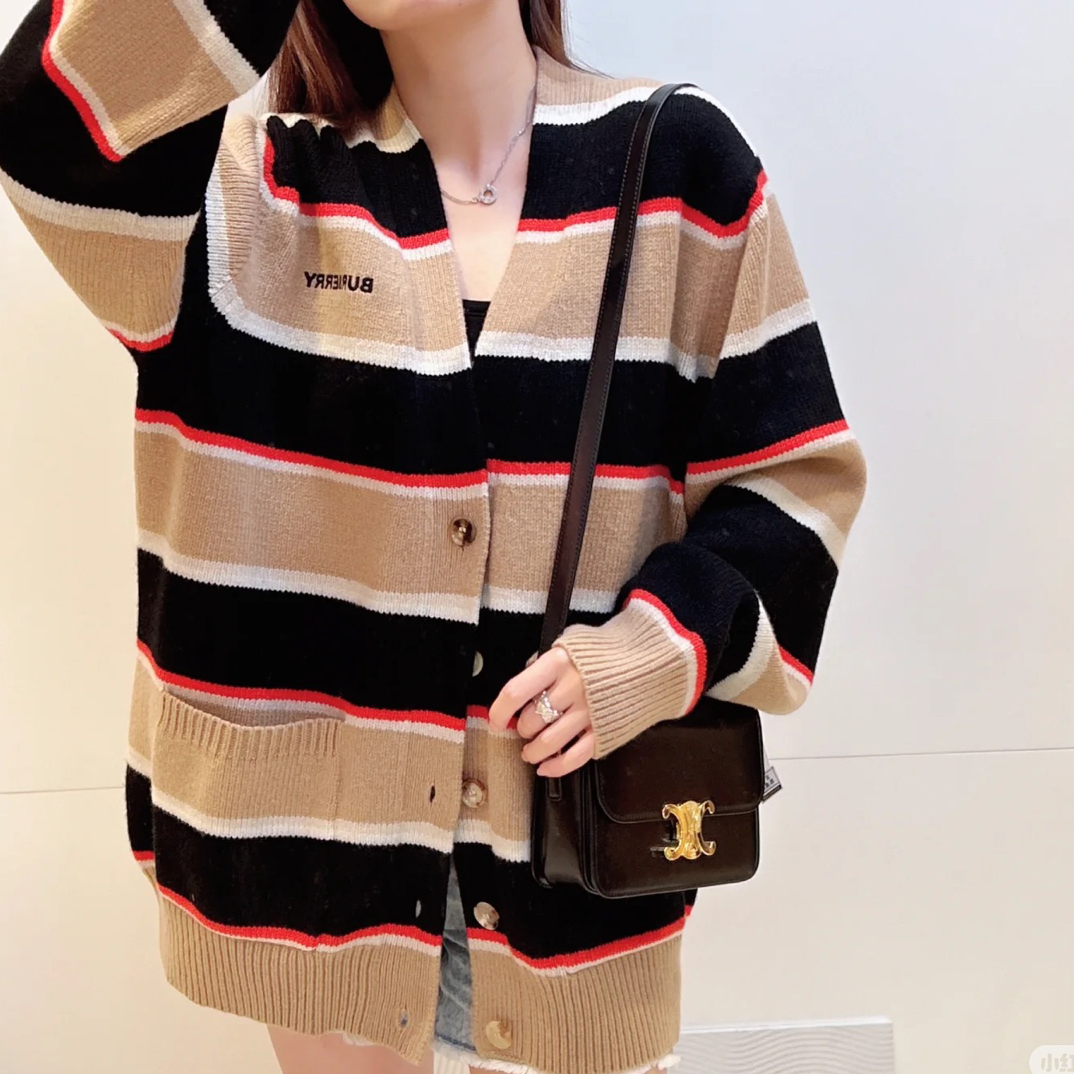 99新 BURBERRY/博柏利 玄色 字母logo条纹长袖针织衫 L码 99新
