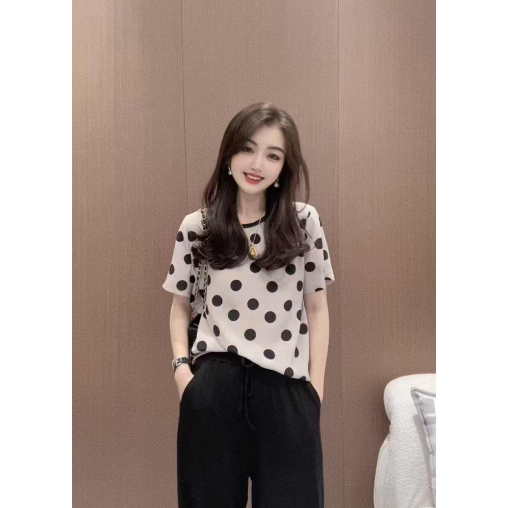 【大波点圆领】CHUN家时尚夏季经典百搭桑蚕丝双绉T恤