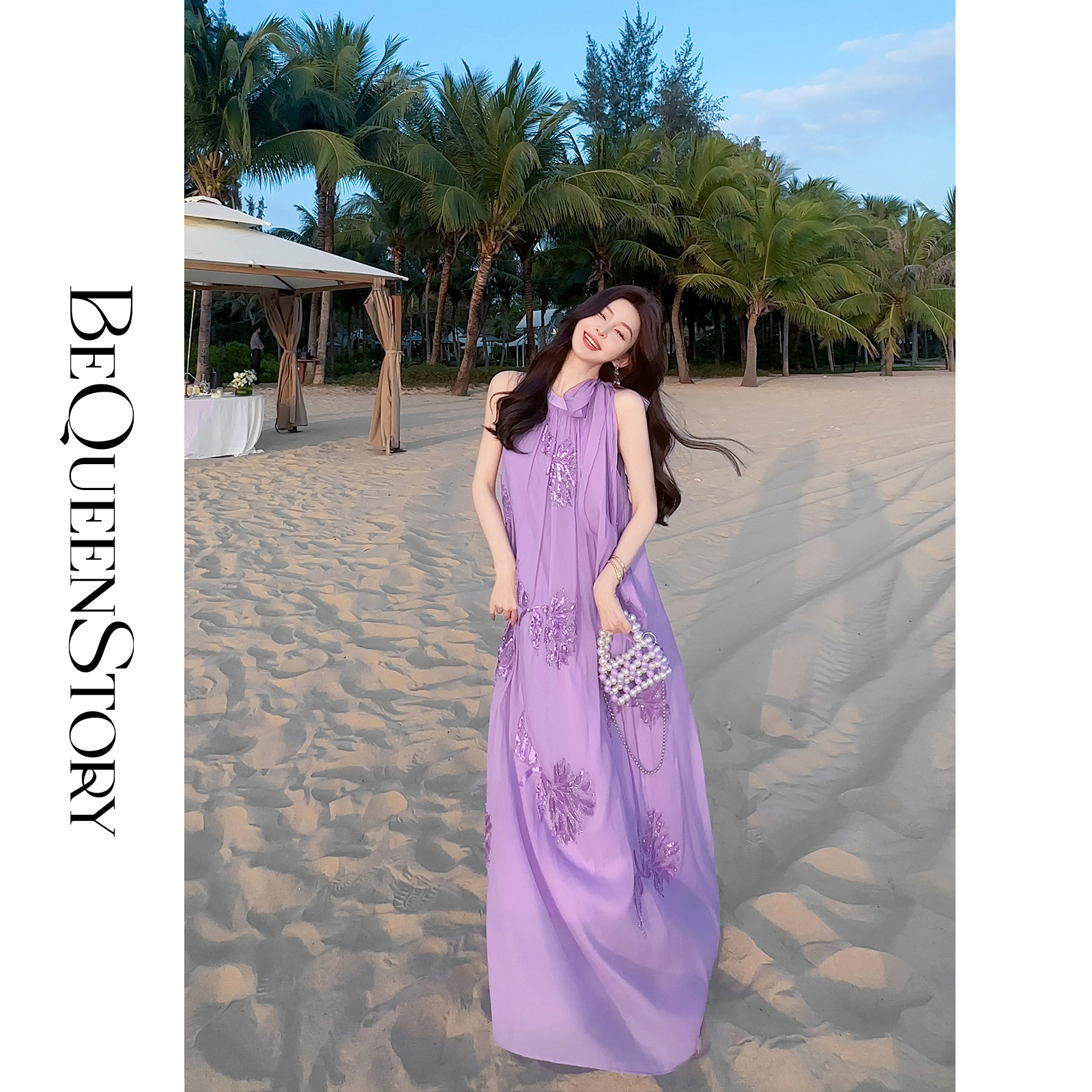 BeQueenStory【繁花颂歌】2025春装新款手工钉珠仙气挂脖系带连衣裙