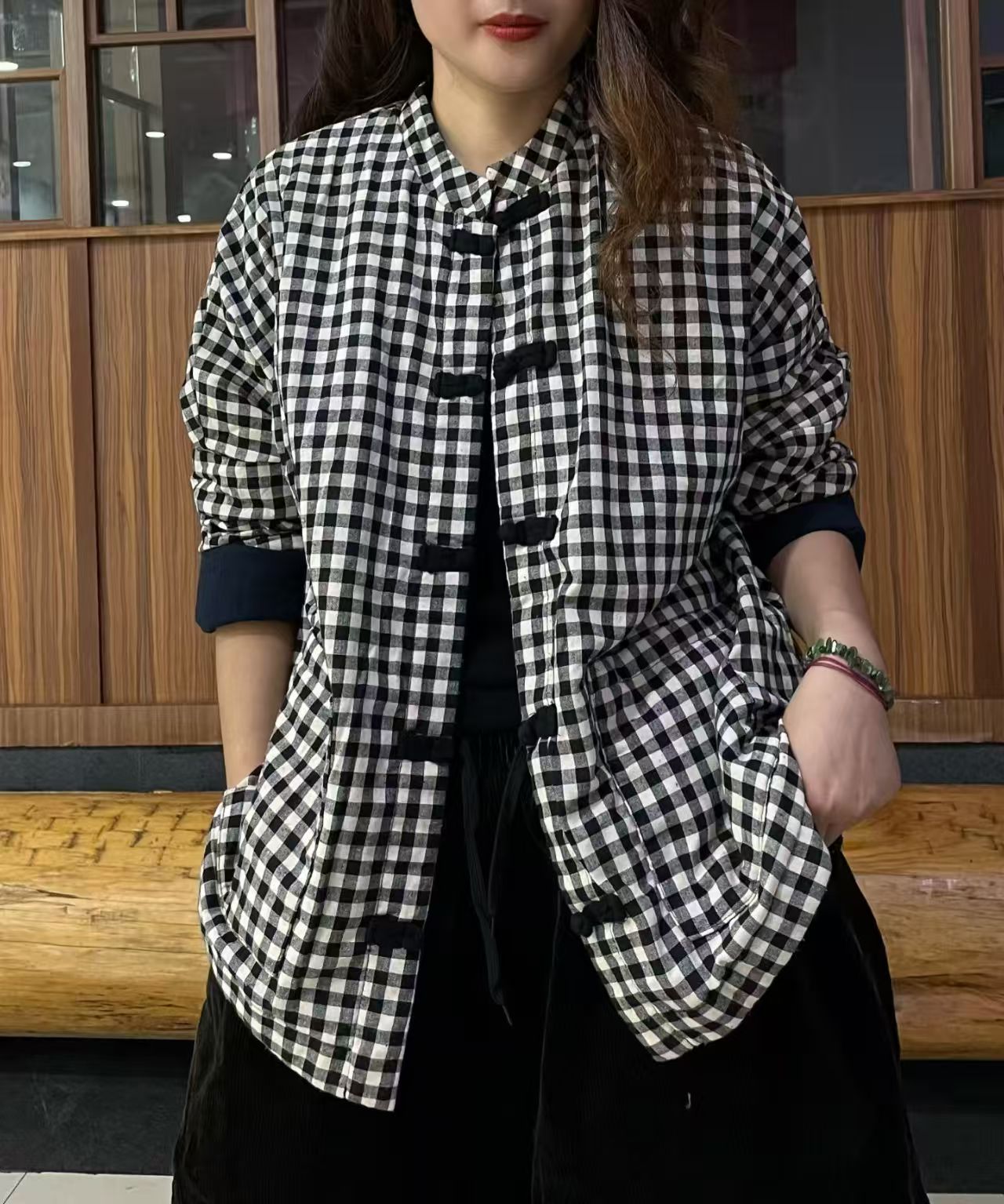 960格子盘扣棉衣 单色 均码90-145斤