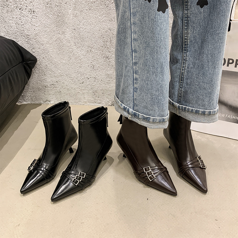 尖头高跟细跟镂空学院风后拉链短靴胶粘鞋防滑秋冬瘦瘦靴网红气质