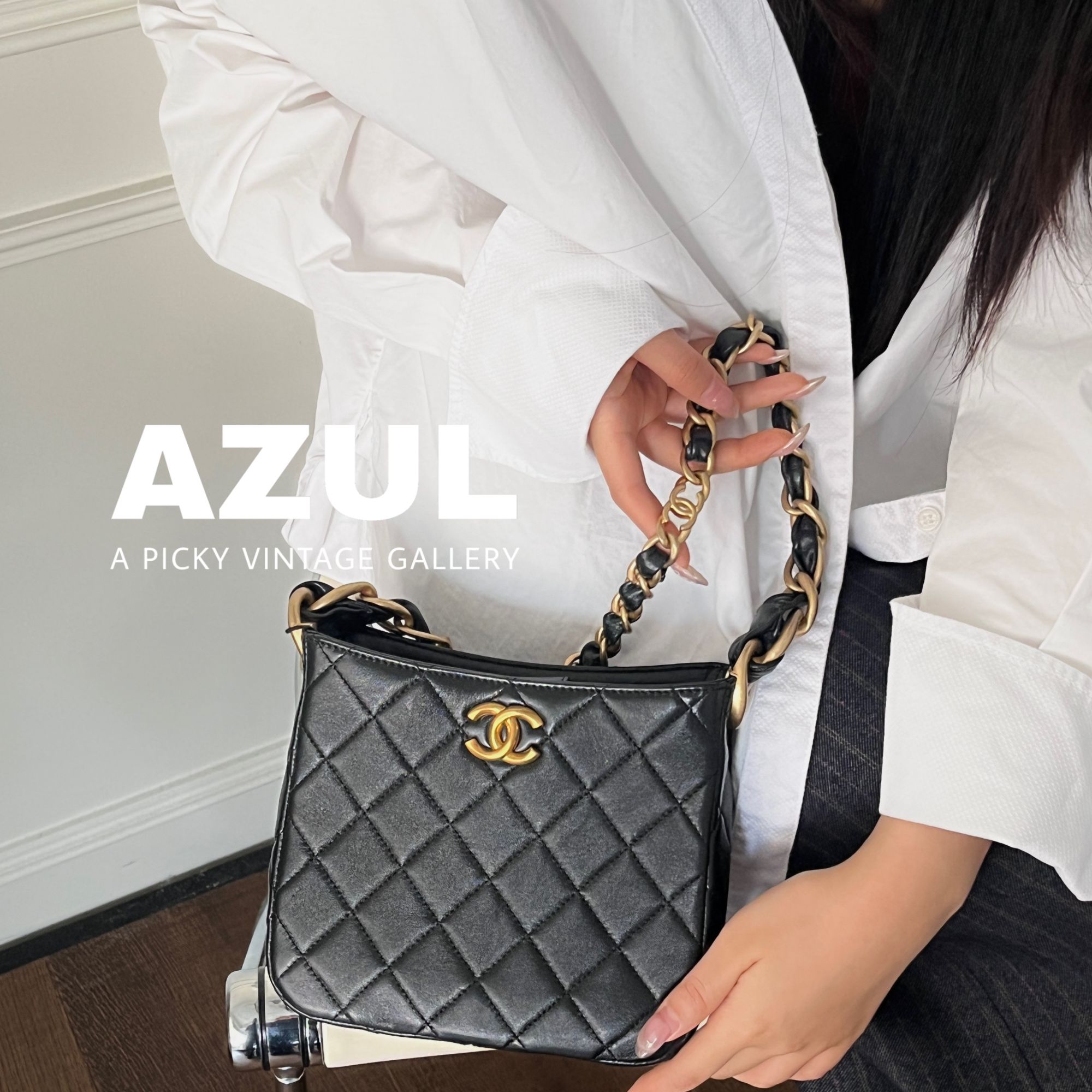 99新 Chanel/香奈儿 Azul-24S黑金hobo菱格纹链条包/45055