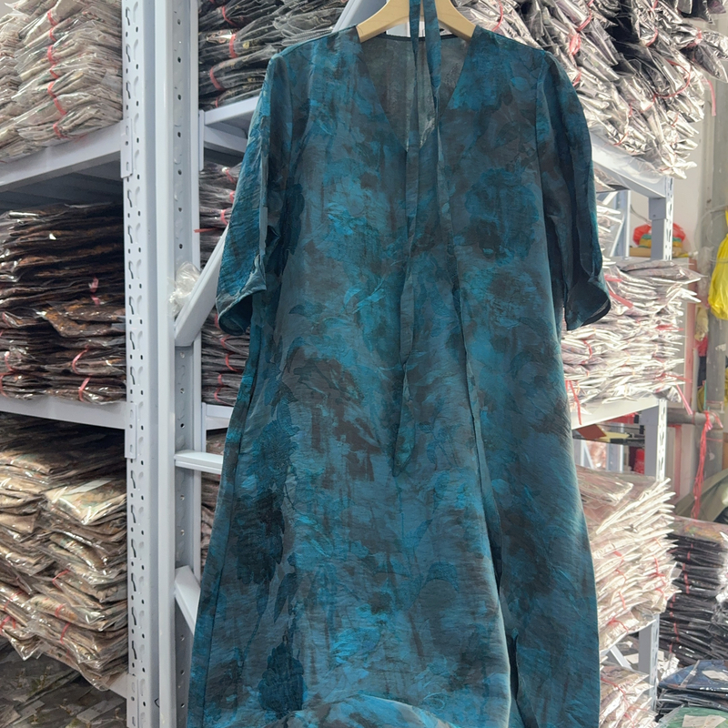 5609款新中式长款连衣裙【蓝霜沙罗】