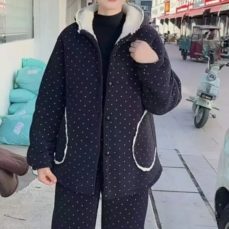 冬季三层加绒加厚连帽花边碎花可外穿保暖女士家居服套装休闲