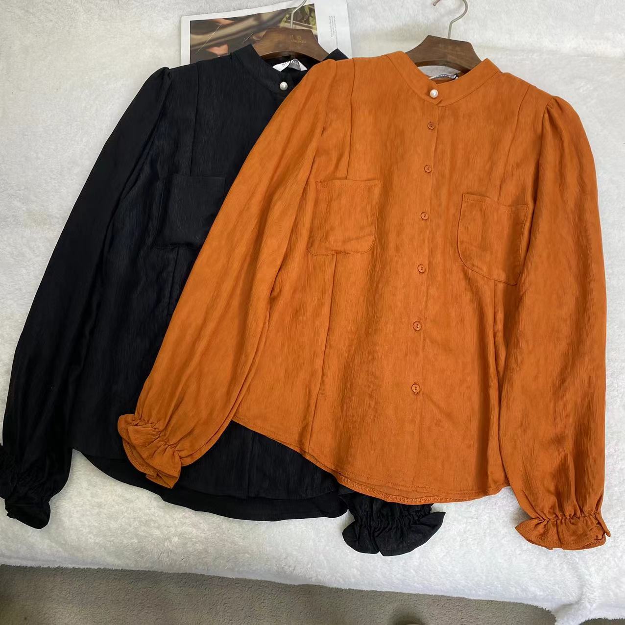 珍珠扣花瓣袖立领褶皱简约气质纯色衬衫 C7001