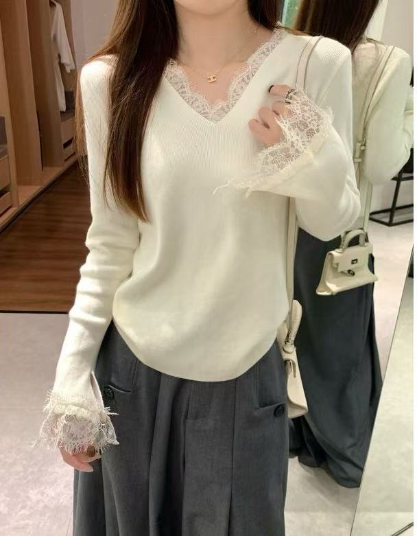 088V领蕾丝针织打底衫女内搭2025秋季新款毛衣修身高级感上衣