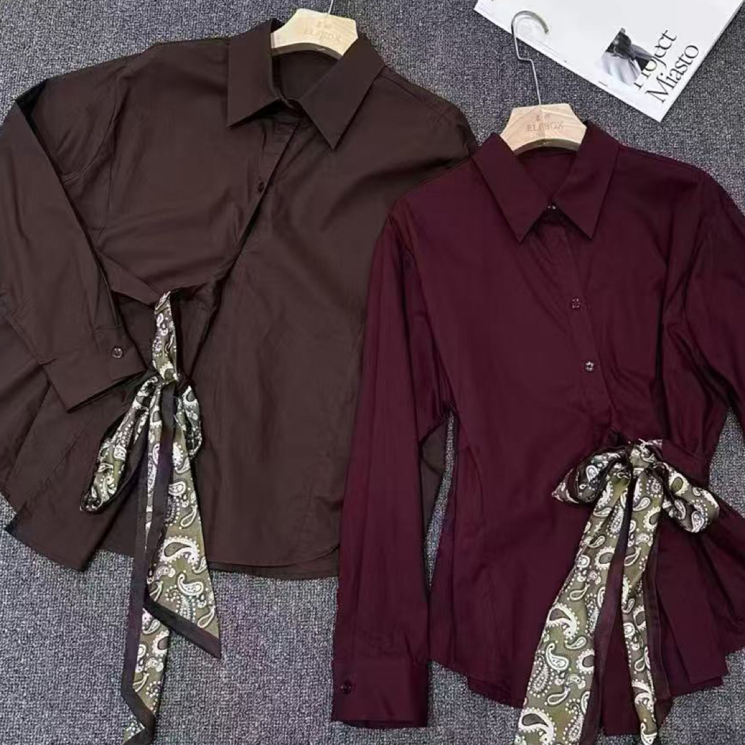 D50649秋季女士长袖绑带收腰设计感时尚小众衬衫