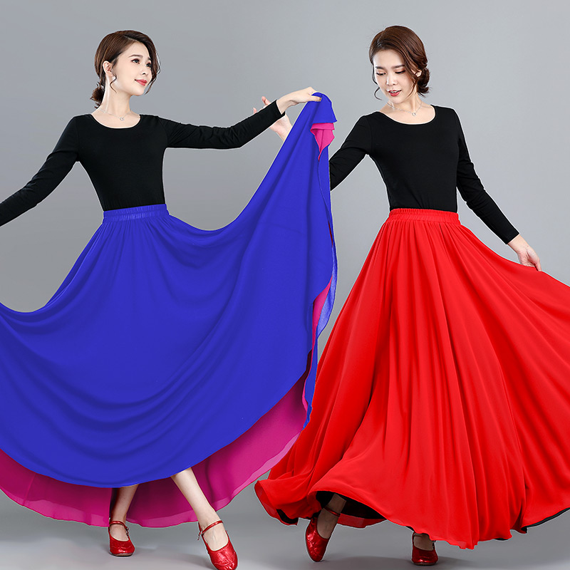 新款双色双层大摆裙舞蹈红色民族风半身裙纯色裙Q8161
