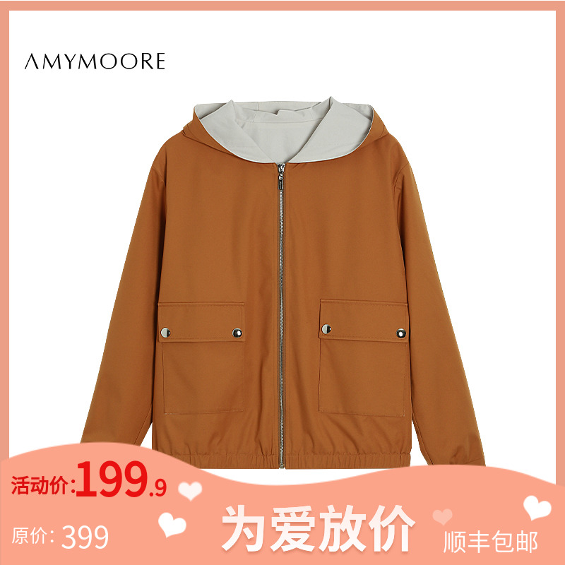 AMYMOORE【为爱放价】 运动时尚连帽拉链短外套简约宽松 41390