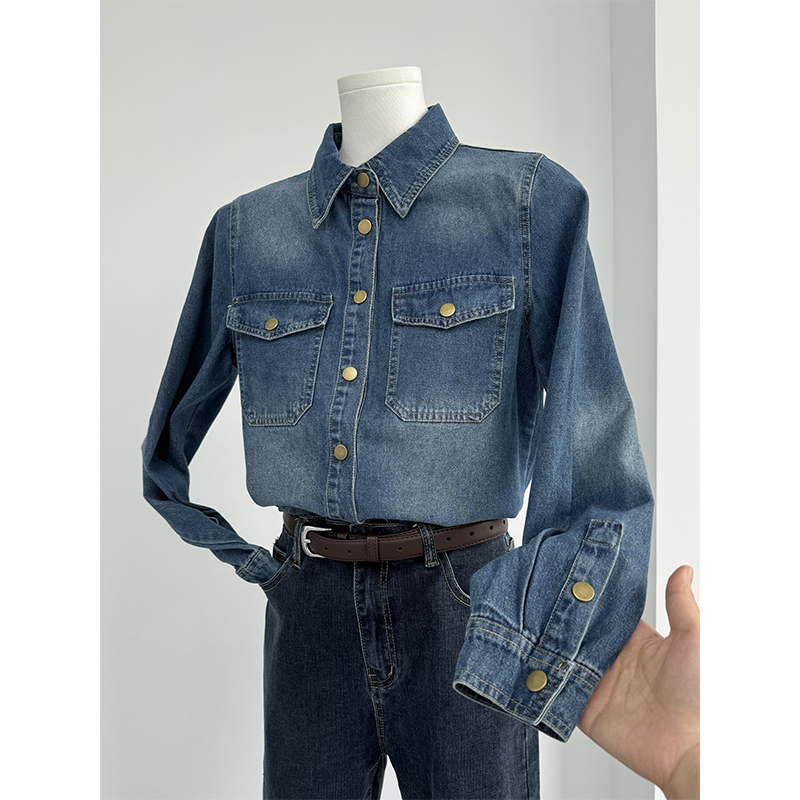 秋冬加绒加厚正肩内搭复古牛仔衬衫女士长袖欧美风小个子衬衣外套