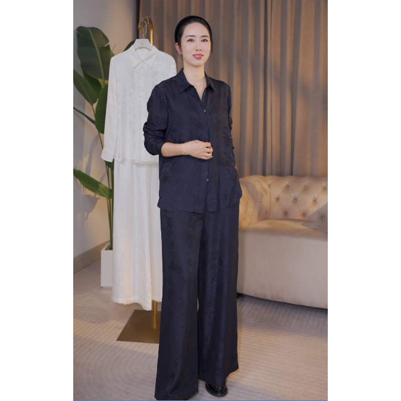 【丛林系列套装】质感森林提花真丝套装气质 衬衫+阔腿裤 小众女装