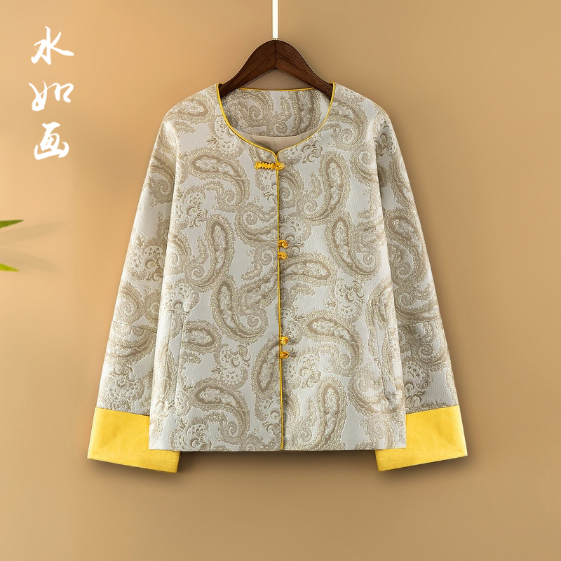 【锦萍】春季2025新款新中式宽松外套国风女装春秋圆领提花气质上衣