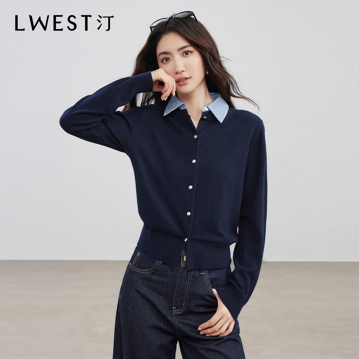 【开心专属】朗文斯汀撞色设计感衬衫领针织开衫DTYZ5509A09901