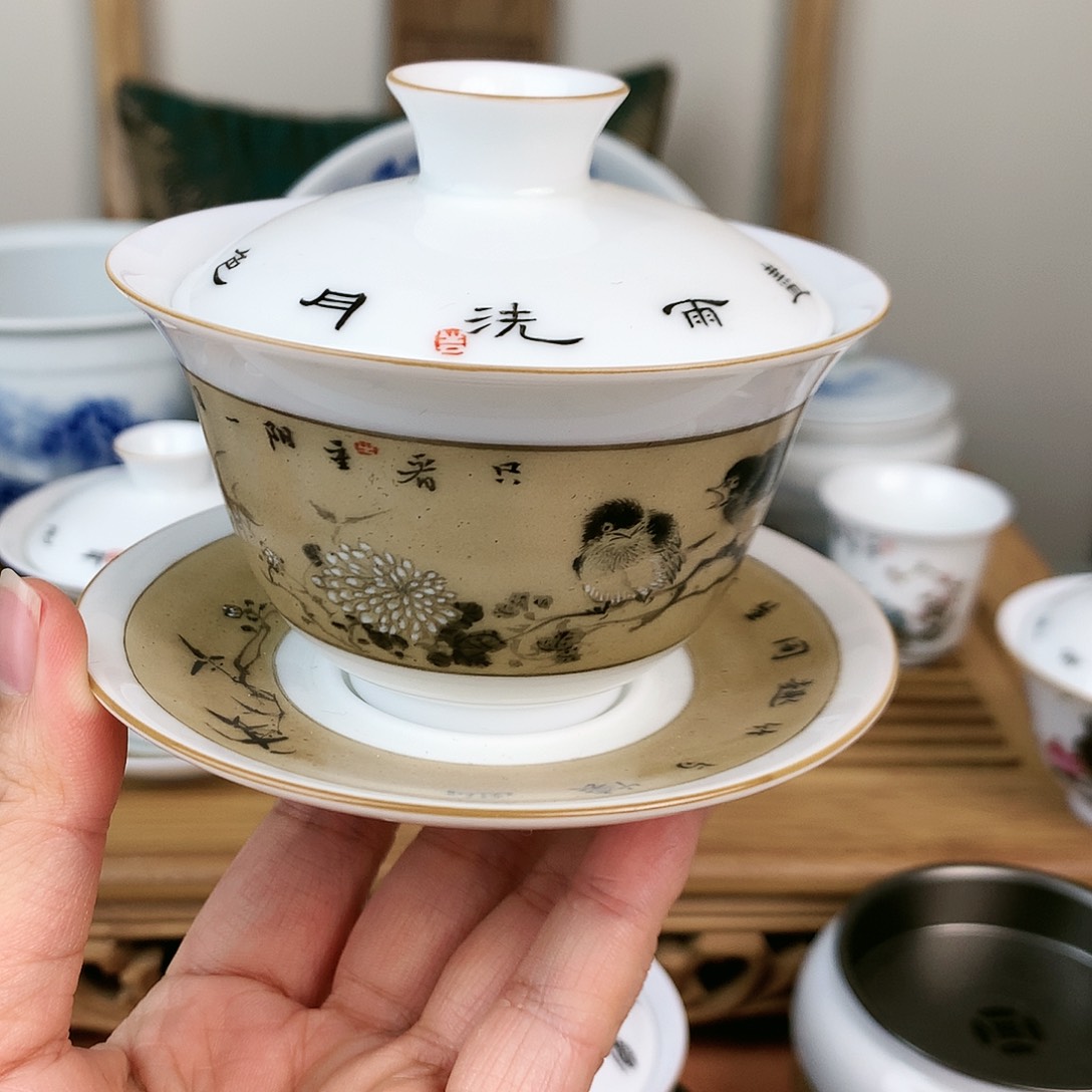 手工墨彩花鸟盖碗