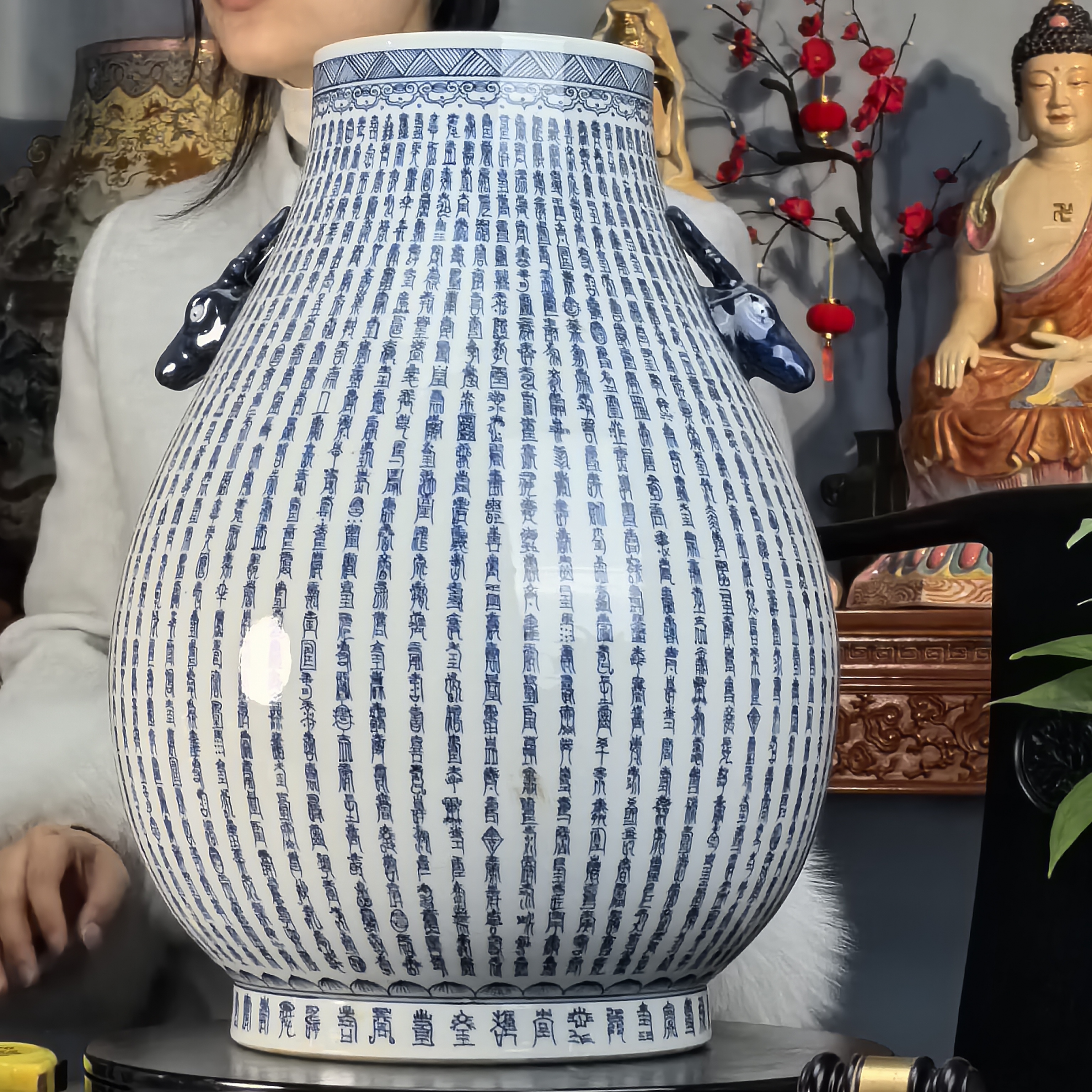 清 青花万寿纹双鹿头尊