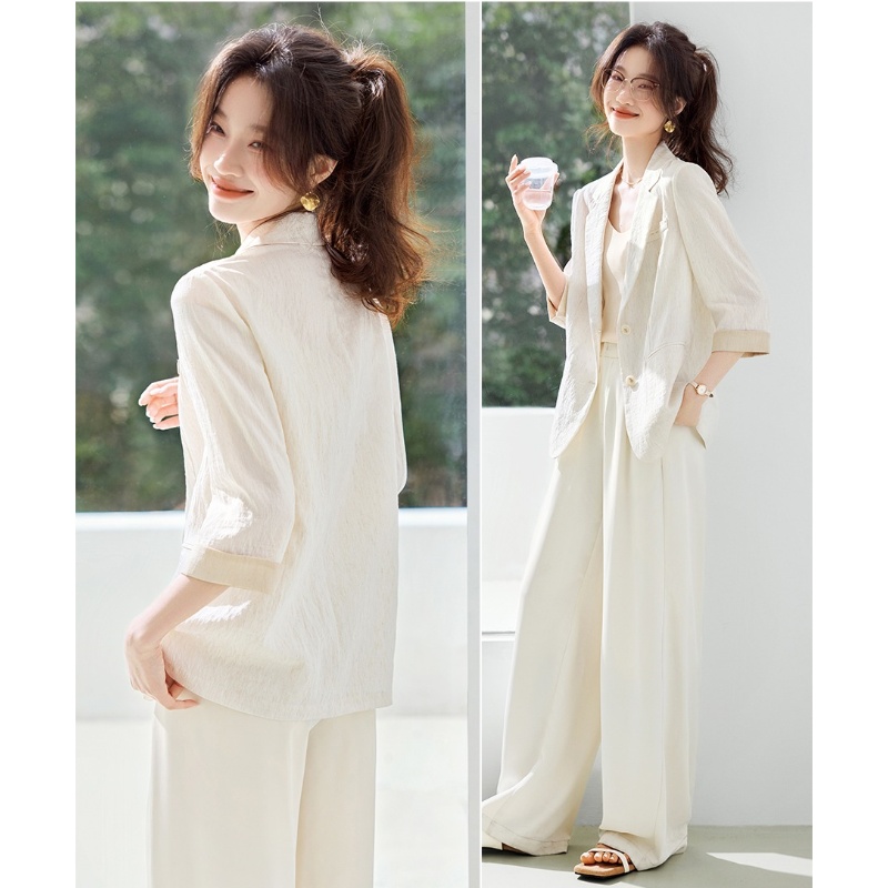 轻通勤亚麻撞色袖口翻驳领轻薄外套套装2025夏季新款阔腿裤两件套