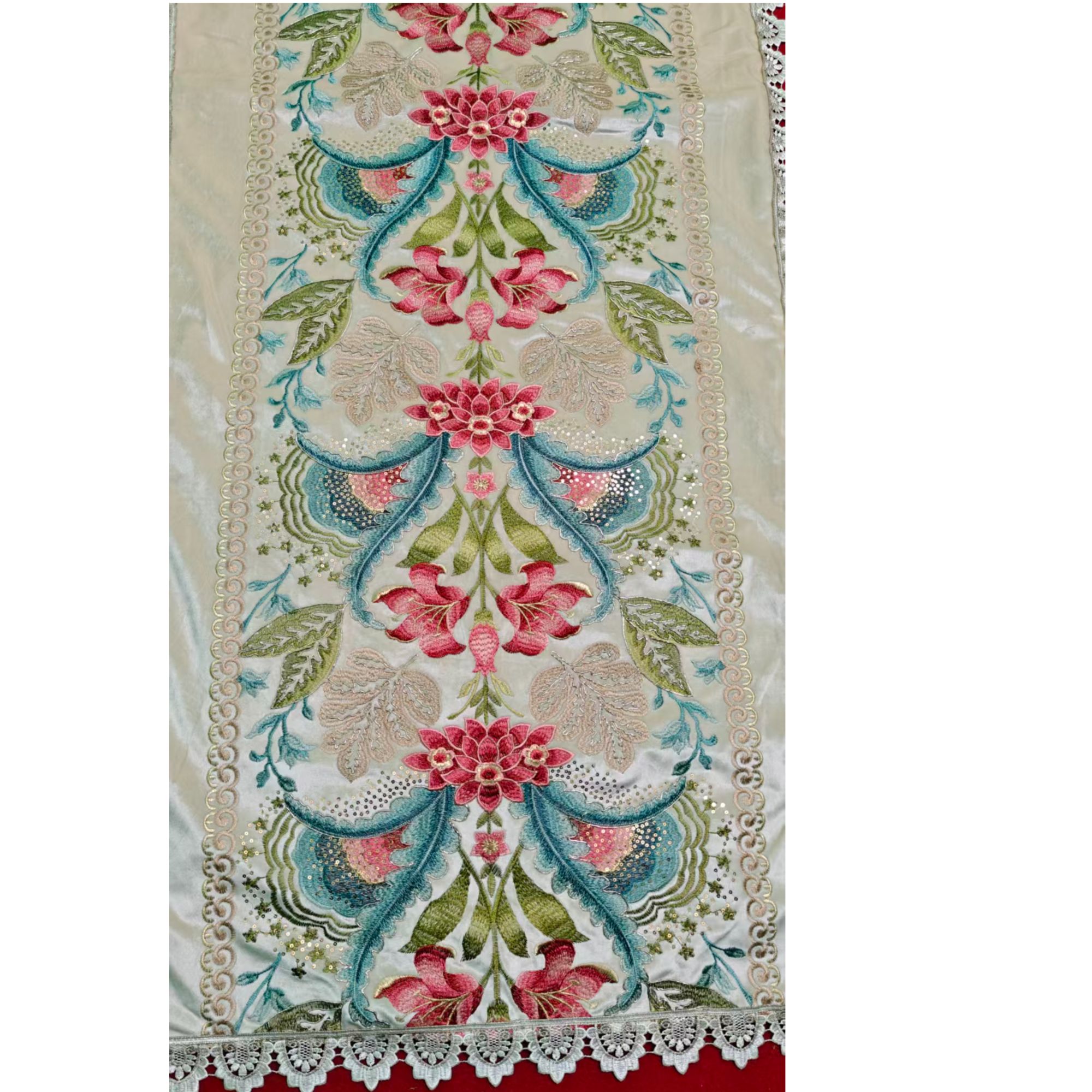 最新款红色百合花绣花客人褥套