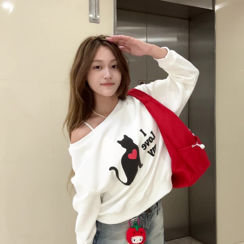 3KS简约猫猫斜肩长袖XJFP2002卫衣宽松秋季上衣
