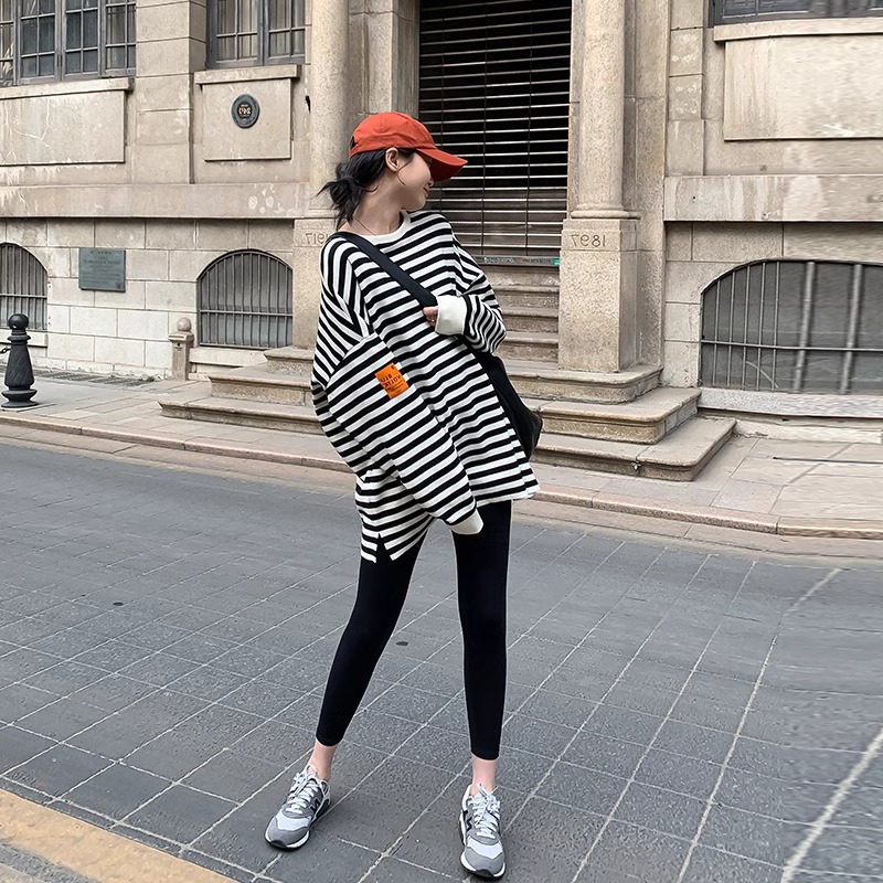 宽松条纹韩版ins宽松中长款春秋卫衣打底外穿显瘦百搭大码上衣女