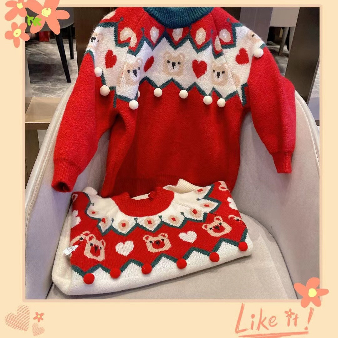 女童冬季加厚保暖小熊圣诞风针织套头毛衣