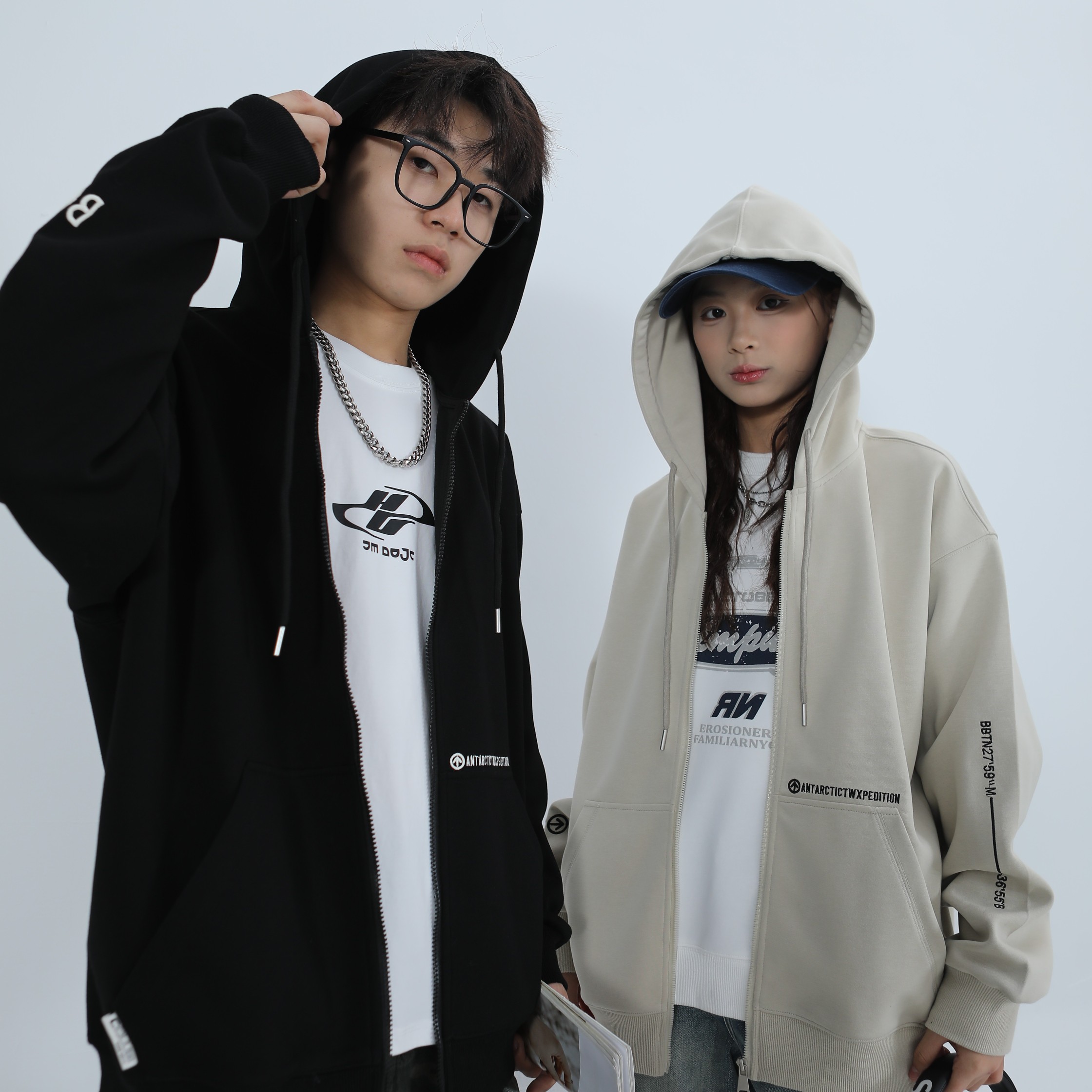 【开心少年】青少年男女同款休闲阔版宽松开衫连帽卫衣外套重磅019