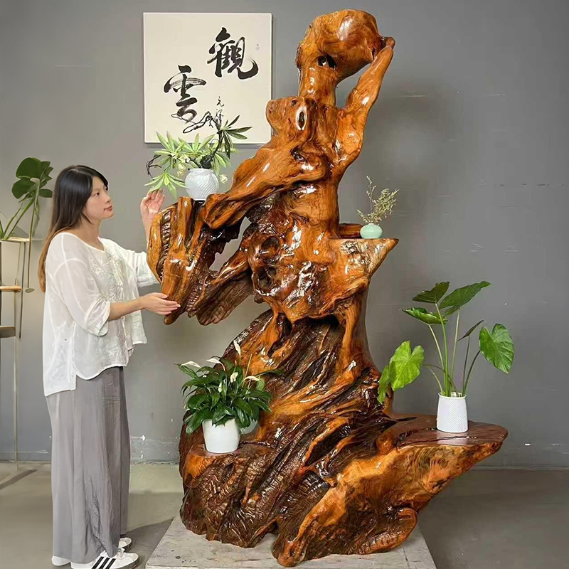 天然香樟木根雕花架落地式多层置物架适合家居室内摆放
