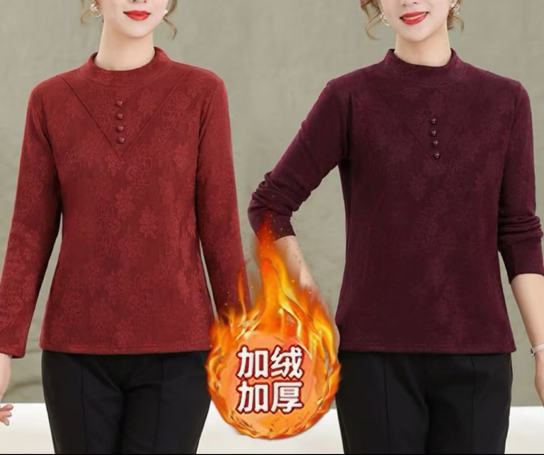 （加绒加厚）大码国风圆领领打底衫冬季新款妈妈装保暖长袖上衣
